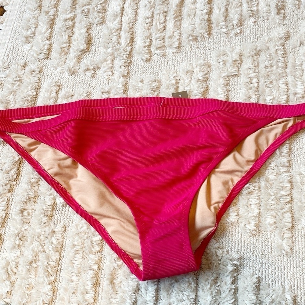 J Crew Wild Hibiscus Pink Ribbed Trim Hipster Full Coverage Bikini Bottom NWT